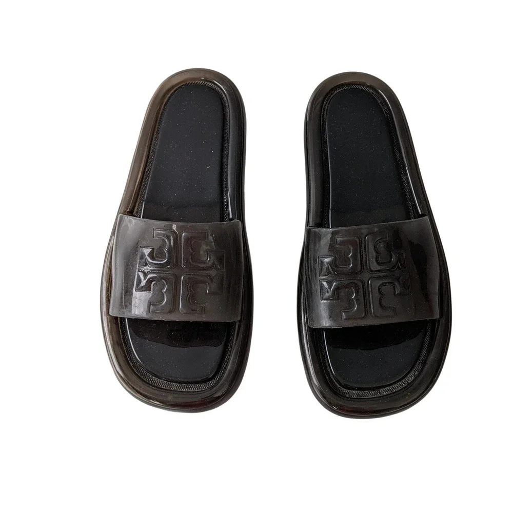 Tory Burch Bubble Jelly Slide Sandal Black‎ Womens Size 6B Double T Logo Slip On